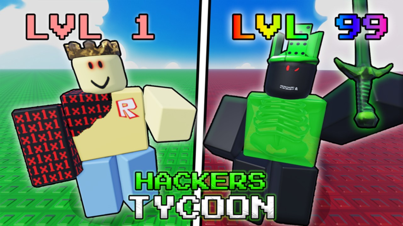 Hackers Tycoon Roblox art: a level 1 noob versus a level 99 1x1x1x1 hacker with a green sword